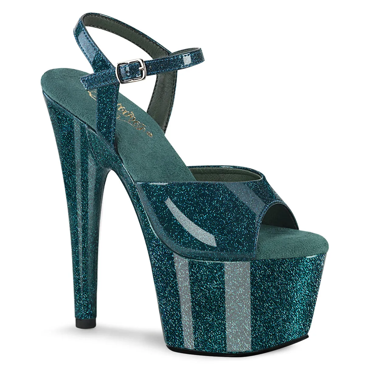 Adore-709GP Teal Glitter Patent, 7" Heels