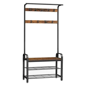 Ann 72 Inch Hallway Tree, Shoe Bench, 9 Hooks, Slatted Metal Shelf, Brown By Casagear Home