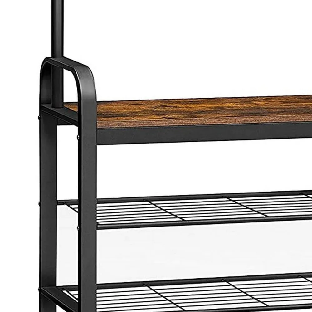 Ann 72 Inch Hallway Tree, Shoe Bench, 9 Hooks, Slatted Metal Shelf, Brown By Casagear Home