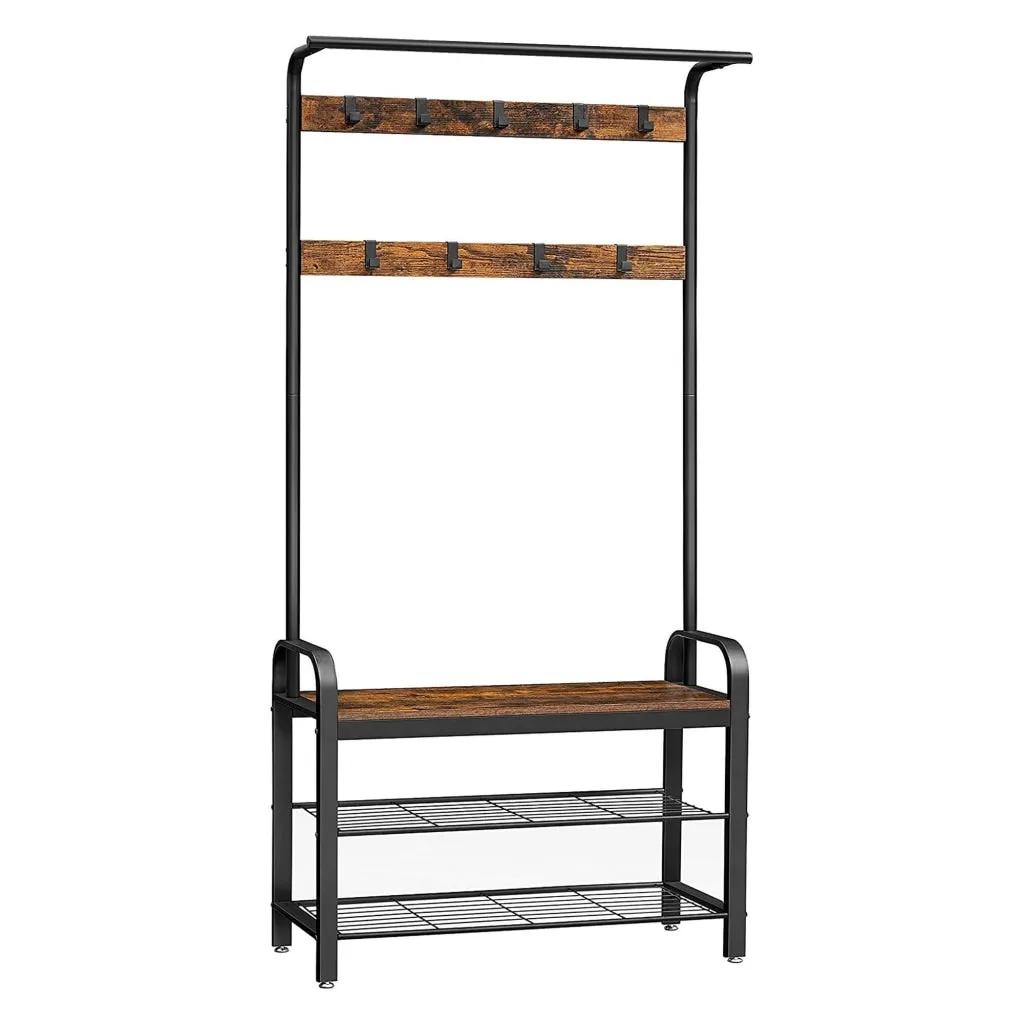 Ann 72 Inch Hallway Tree, Shoe Bench, 9 Hooks, Slatted Metal Shelf, Brown By Casagear Home