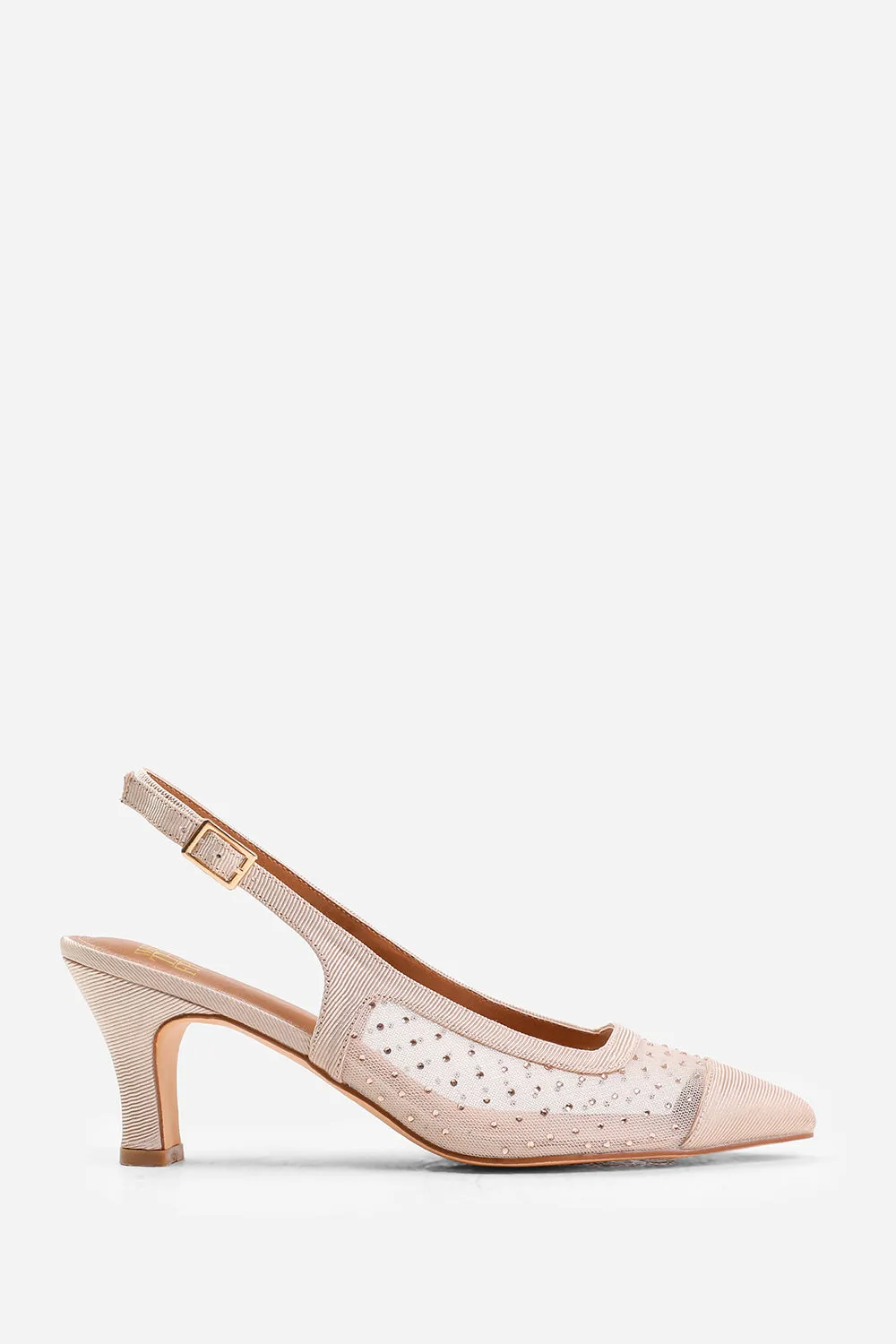 ASPEN WIDE FIT DIAMANTE MESH POINTED HEEL WITH SLINGBACK STRAP IN CHAMPAGNE SATIN