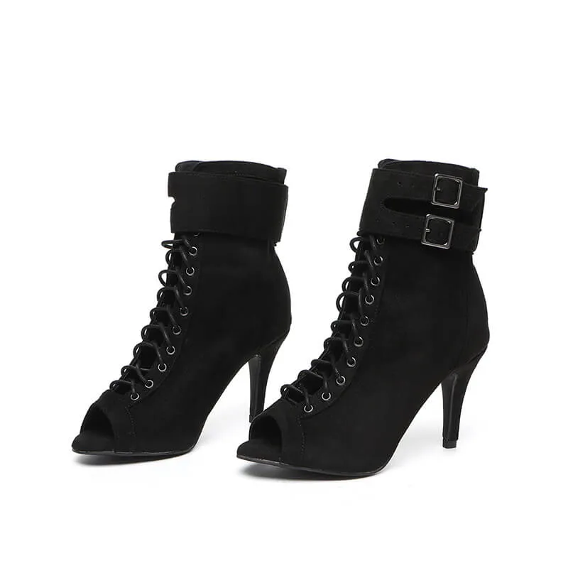 Black Lace Up With Buckled Peep Toe Dance Shoes