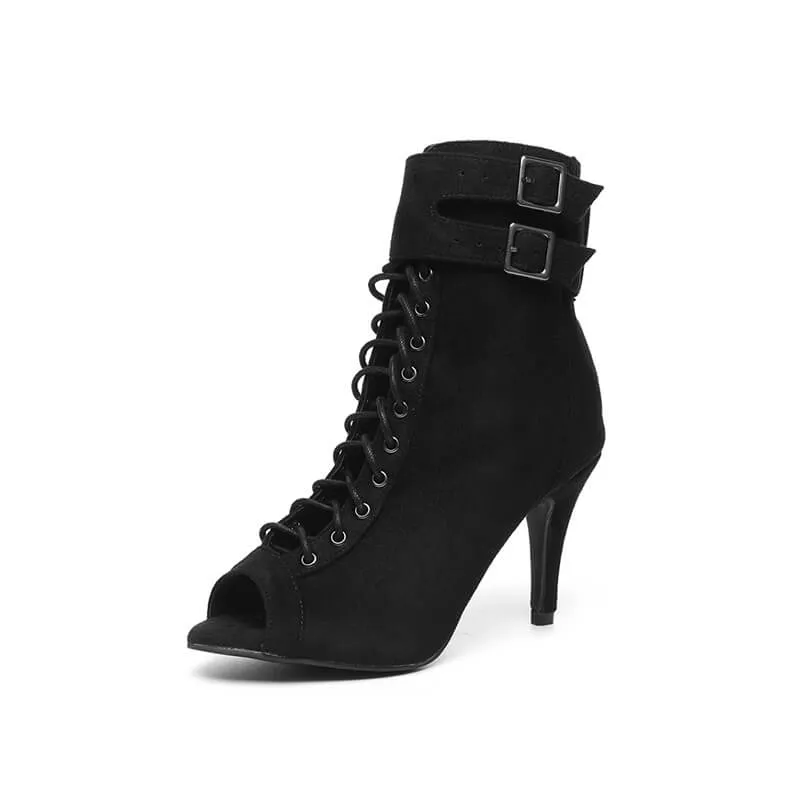 Black Lace Up With Buckled Peep Toe Dance Shoes