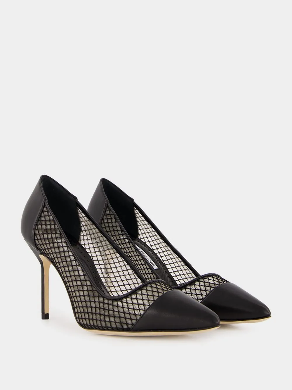 Black Nappa Leather Pointed Toe Pumps with Mesh Detail