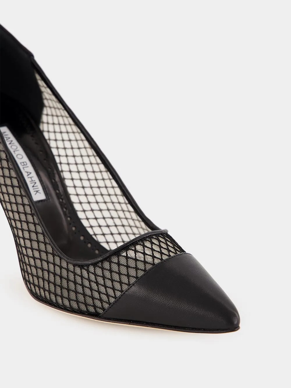 Black Nappa Leather Pointed Toe Pumps with Mesh Detail