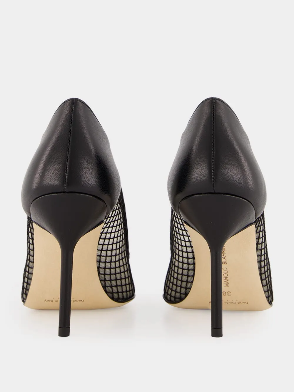 Black Nappa Leather Pointed Toe Pumps with Mesh Detail