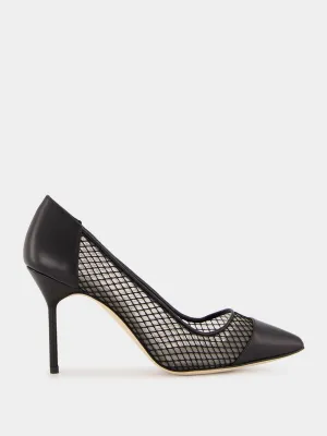 Black Nappa Leather Pointed Toe Pumps with Mesh Detail