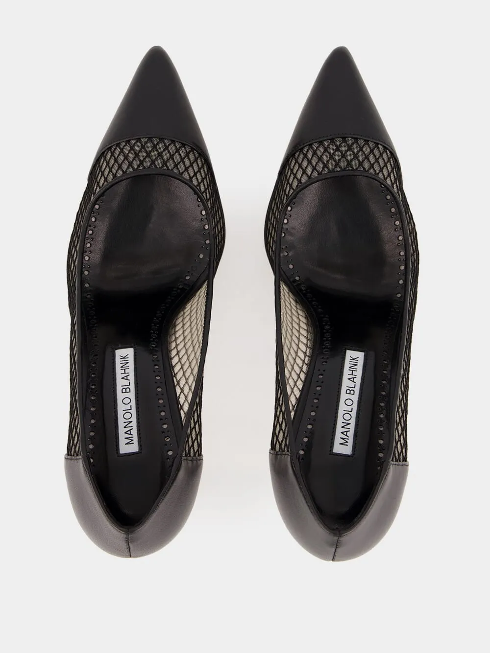 Black Nappa Leather Pointed Toe Pumps with Mesh Detail