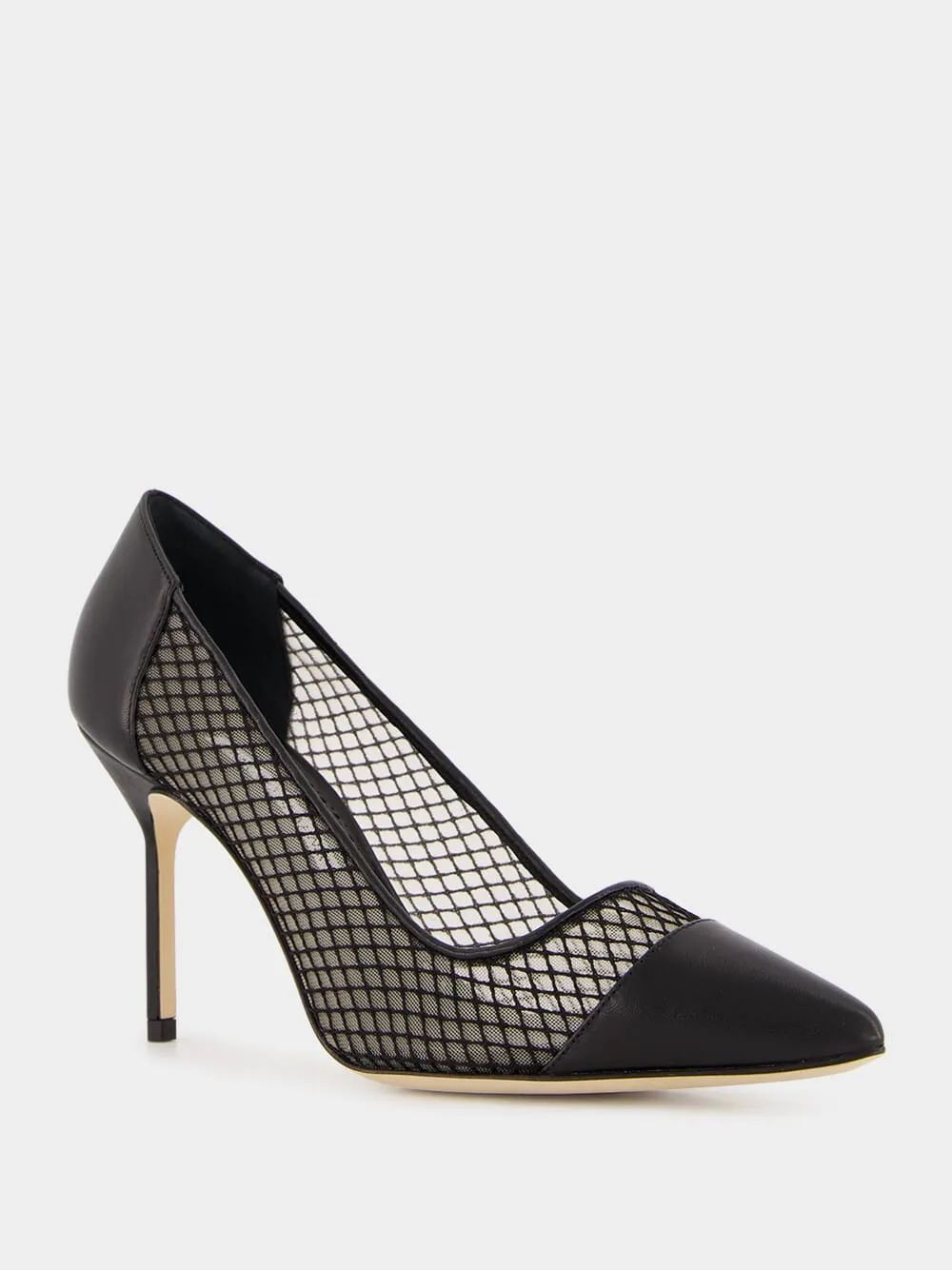 Black Nappa Leather Pointed Toe Pumps with Mesh Detail