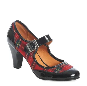 Black Red Check Tartan Faux Leather Heels