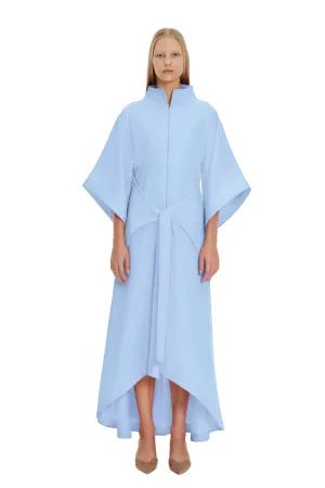 Blue Kimono Sleeve High Neck Asymmetrical Belted Futuristic Maxi Dress