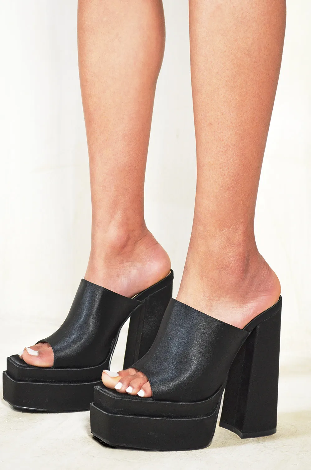 CAMILA STATEMENT PLATFORM BLOCK HEEL MULES WITH SQUARE TOE IN BLACK SILK