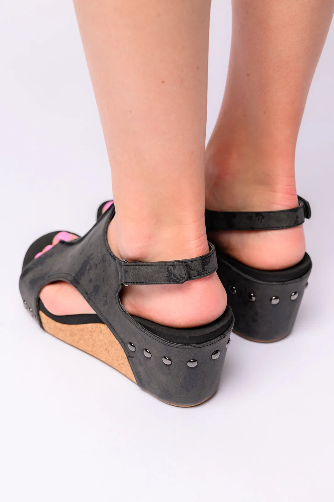 Carley Wedge Sandals in Black Metallic - CORKYS