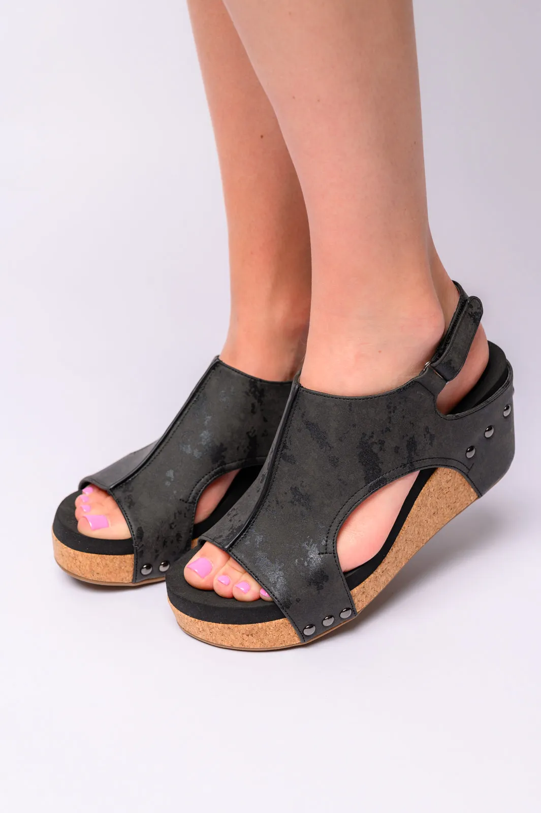 Carley Wedge Sandals in Black Metallic - CORKYS