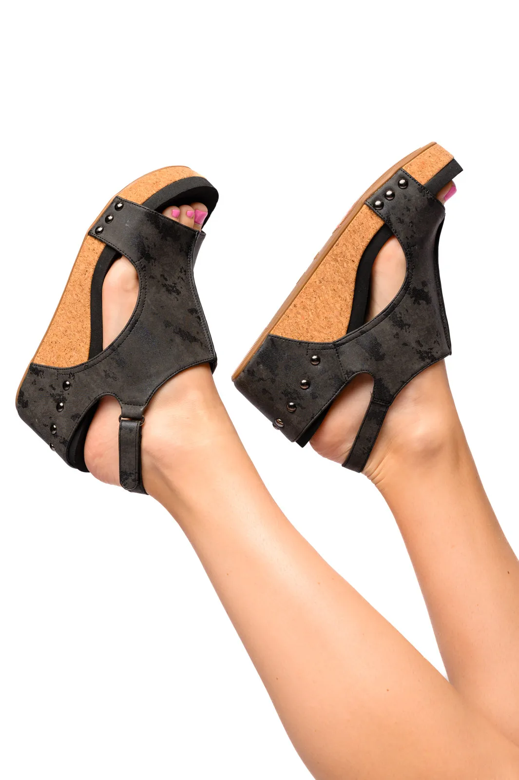 Carley Wedge Sandals in Black Metallic - CORKYS