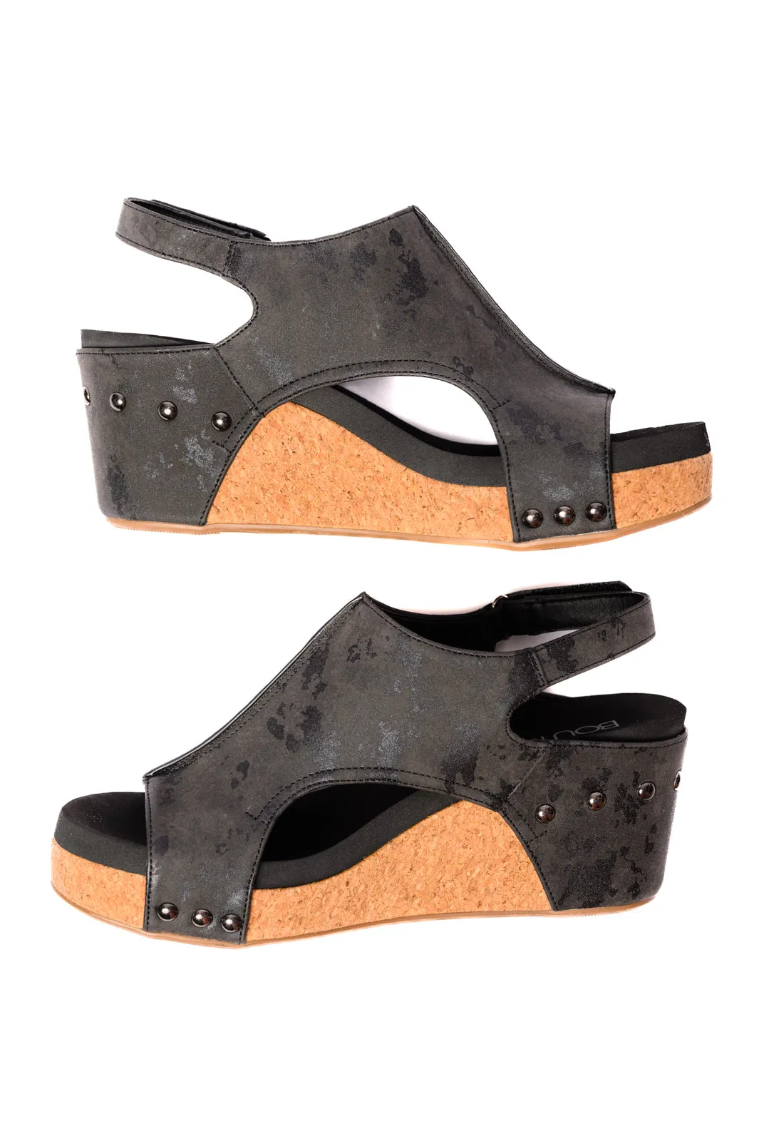 Carley Wedge Sandals in Black Metallic - CORKYS