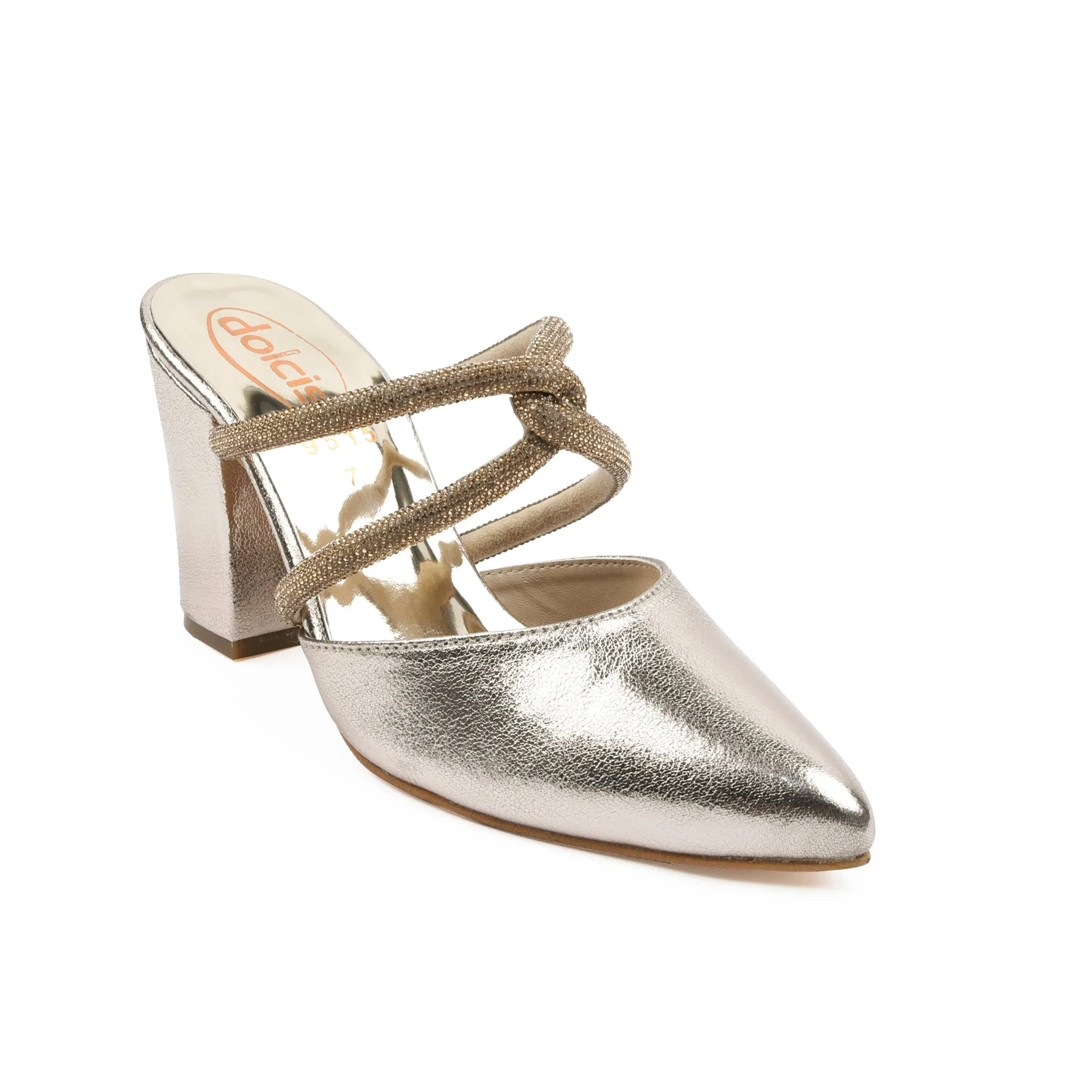 Chic Silver Strappy Block Heel Mules | 400M-X