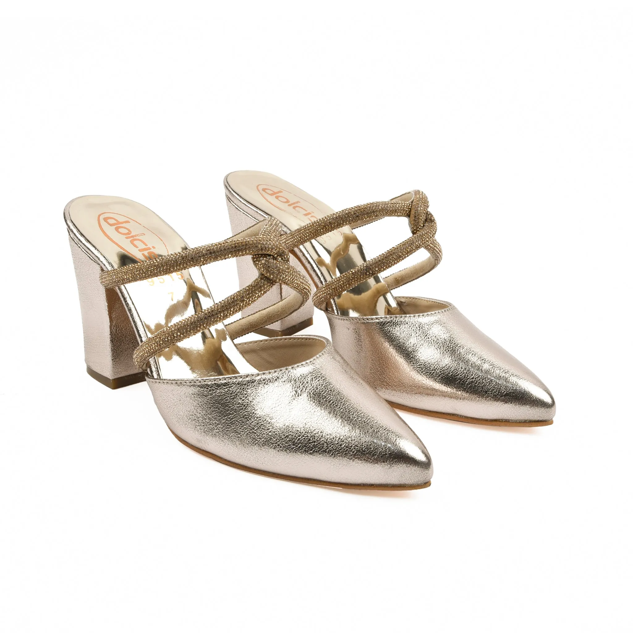 Chic Silver Strappy Block Heel Mules | 400M-X