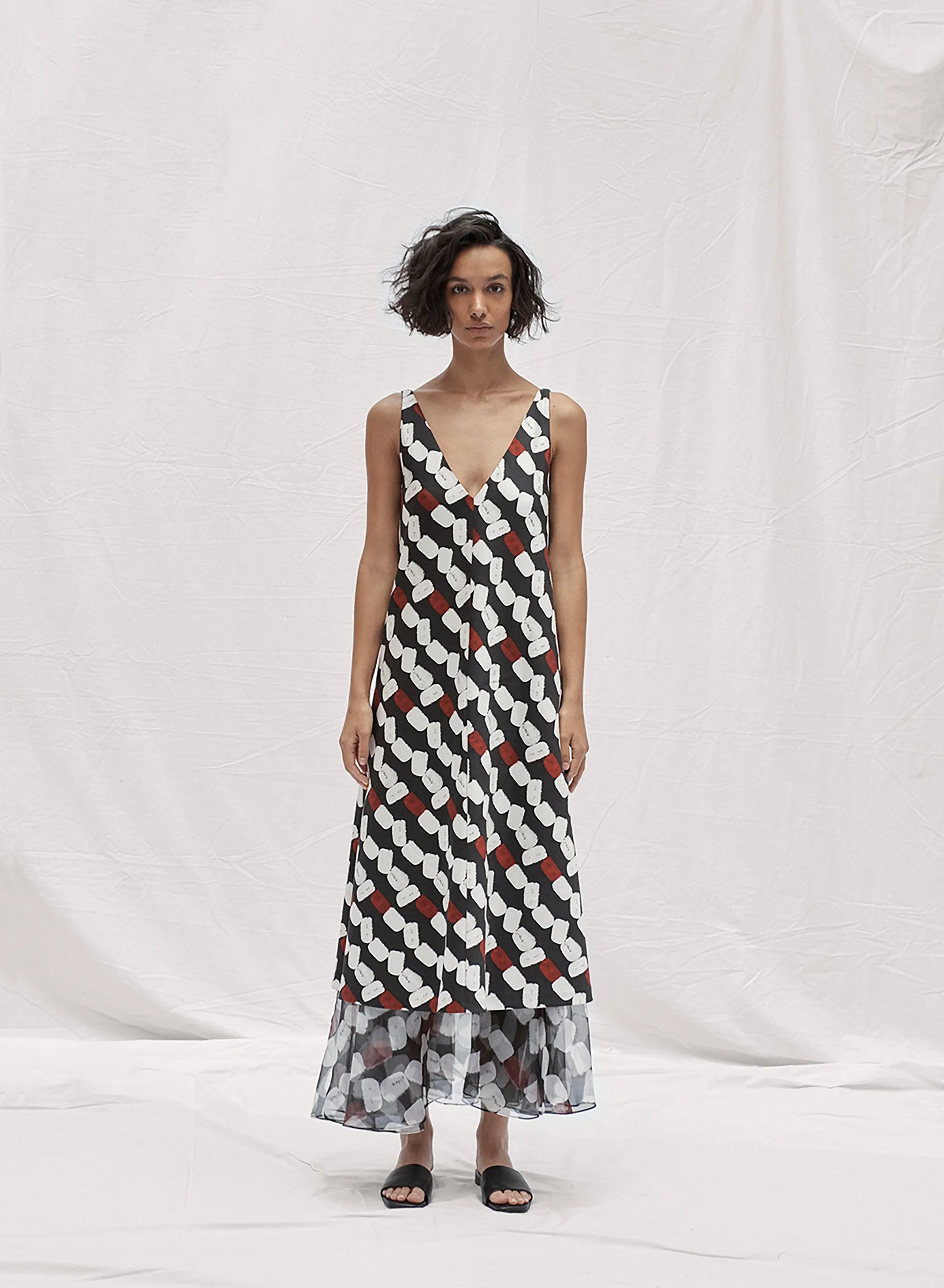 Chiffon Layered Silk Mikado Dress - Potato Print