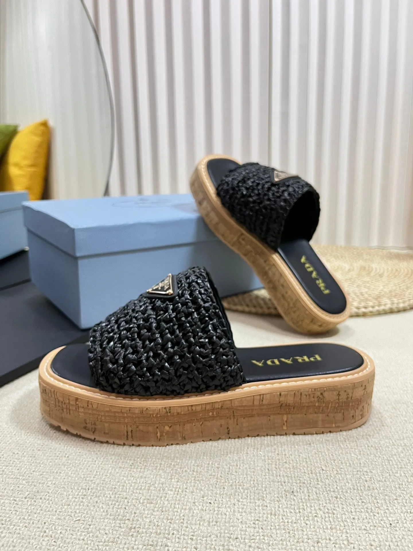 Crochet Flatform Slides 40 Lightweight Cork Sole Black