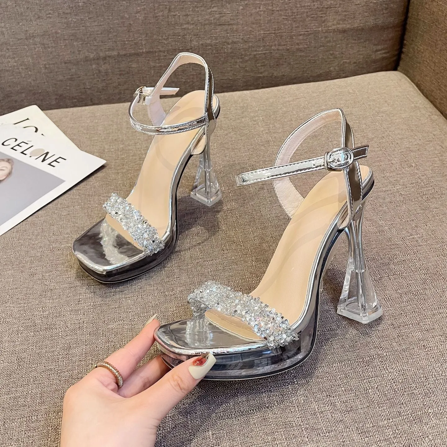 DEANWANGK  688-3 Super High Heels Nightclub Sexy Waterproof Platform Thick Heel Fashionable All-Match Transparent Crystal Rhinestone Sandals Summer