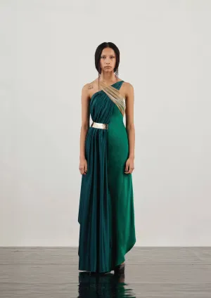 Draped Halter-Neck Satin Maxi Dress