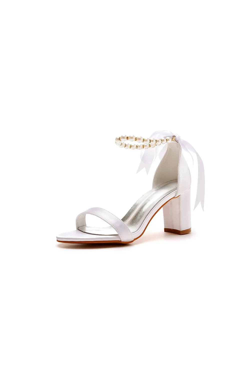 Elegant Pearl Ribbon Tie Satin Open Toe Ankle Strap Block High Heels