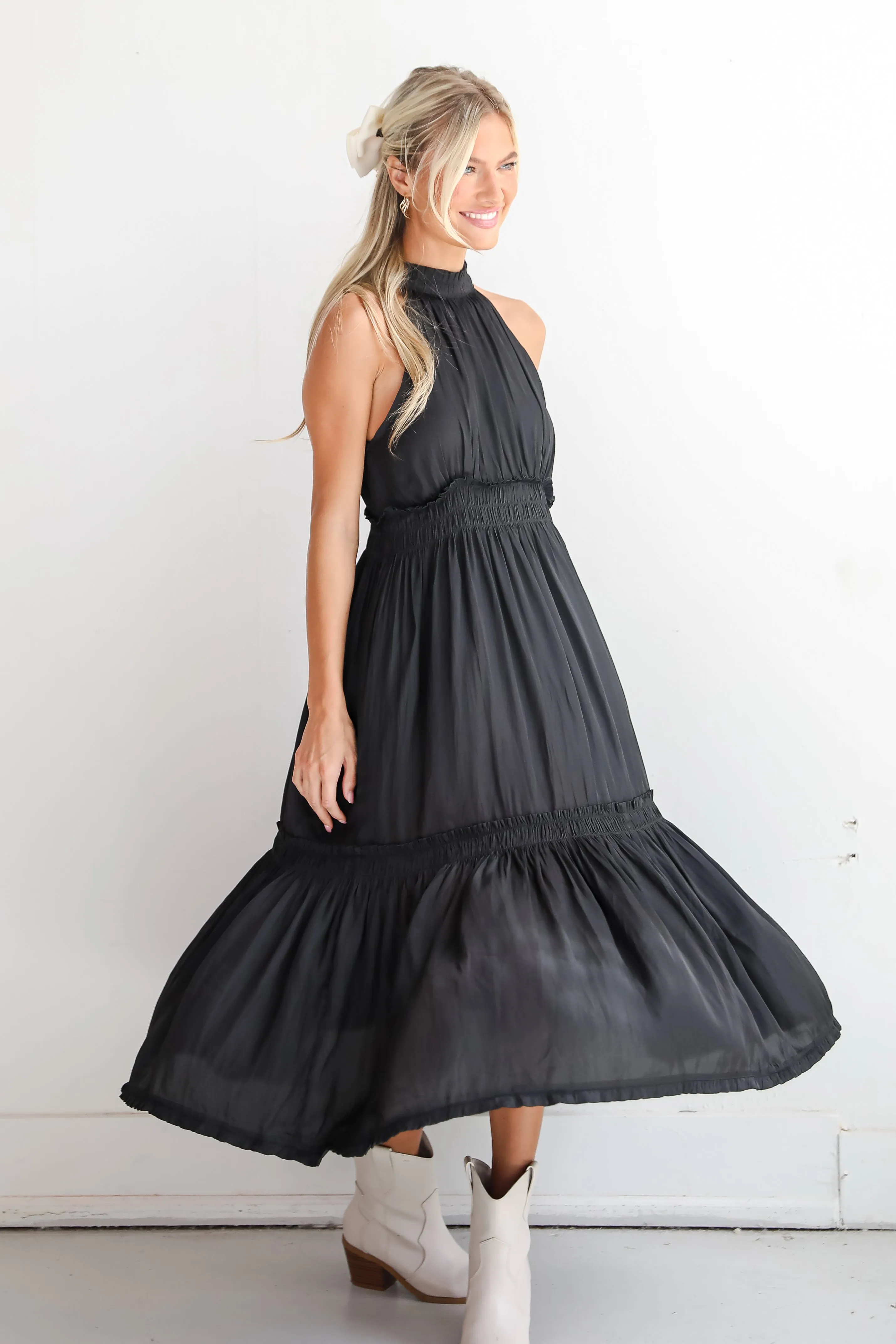 FINAL SALE - Lovely Intuition Black Satin Midi Dress