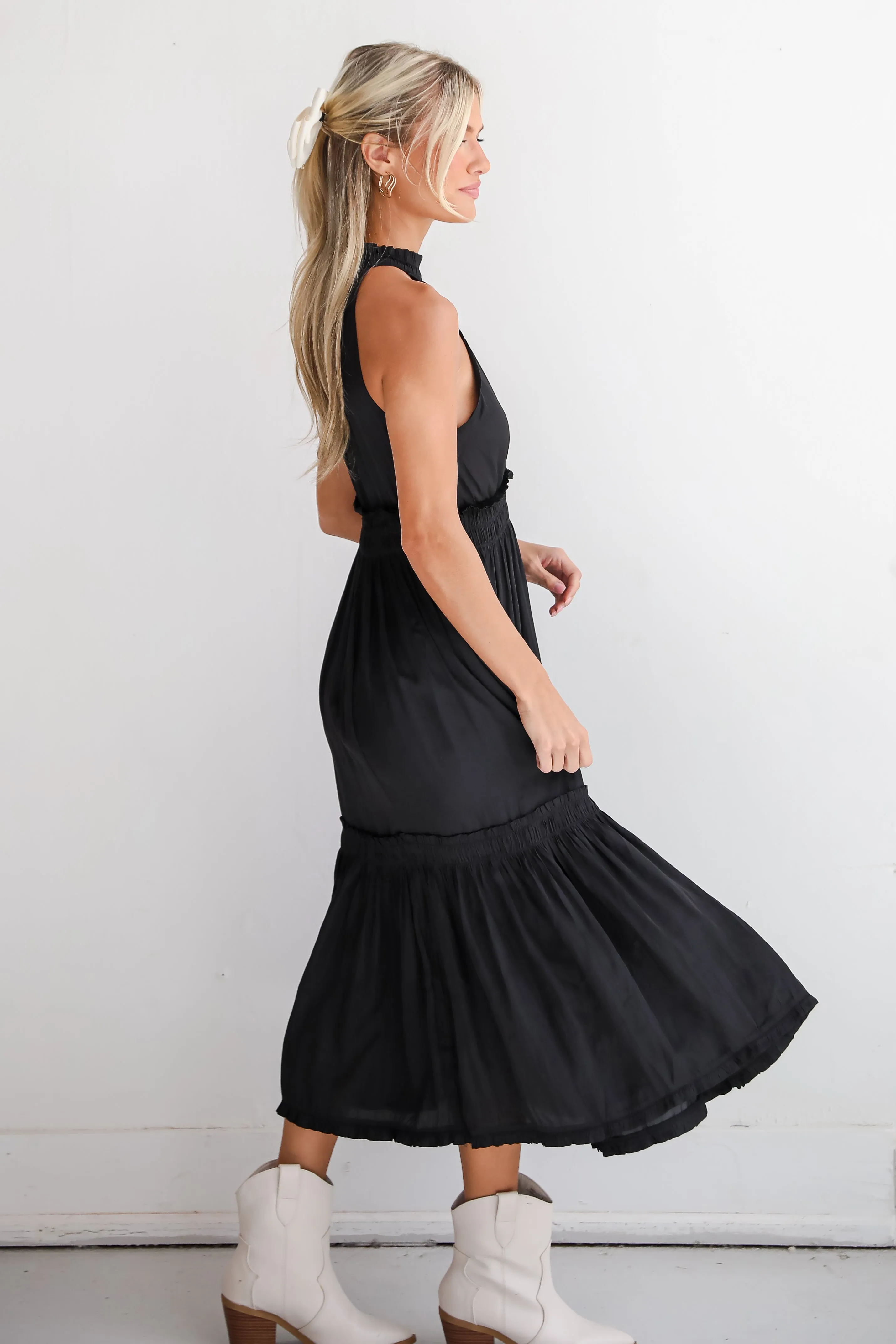 FINAL SALE - Lovely Intuition Black Satin Midi Dress