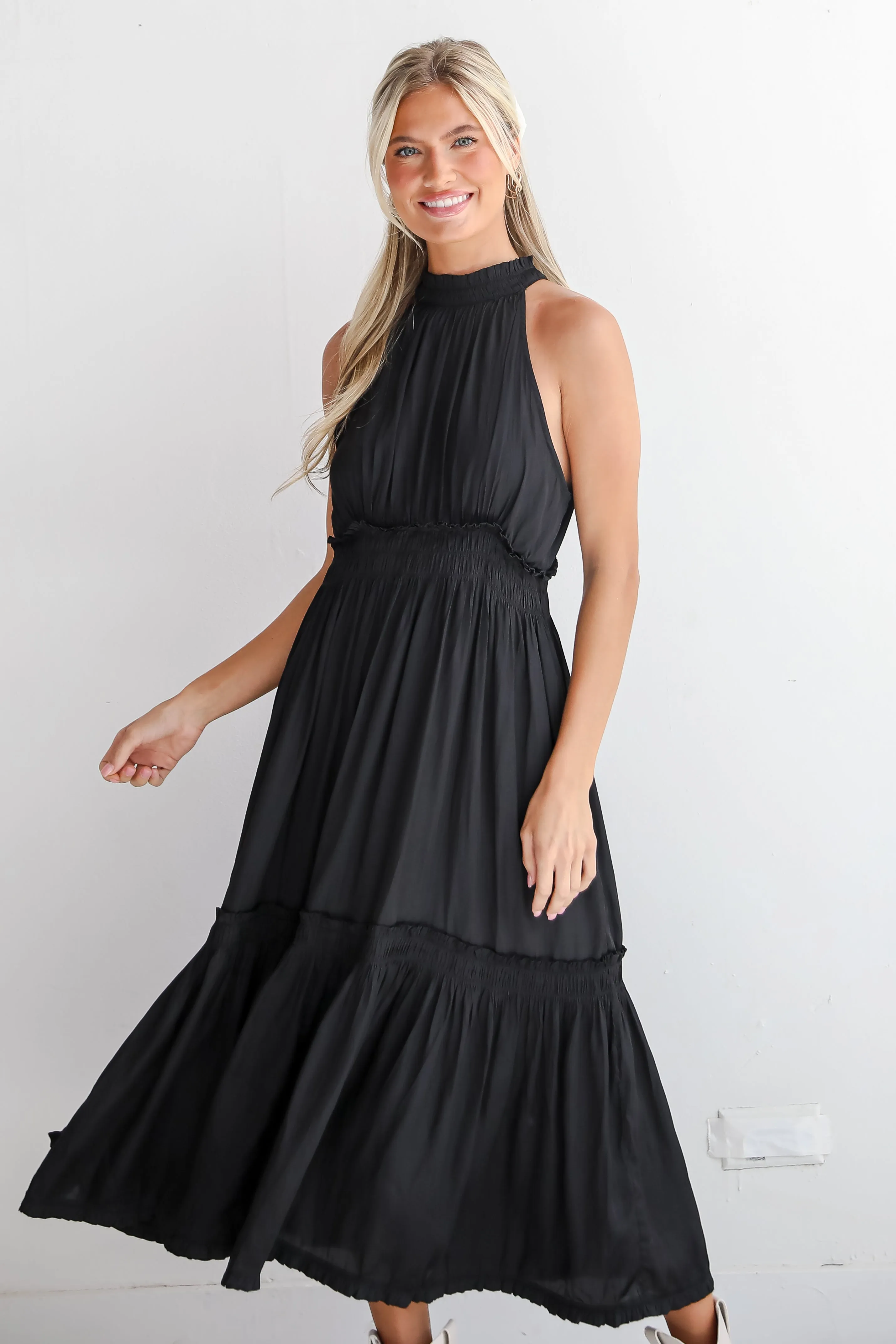 FINAL SALE - Lovely Intuition Black Satin Midi Dress