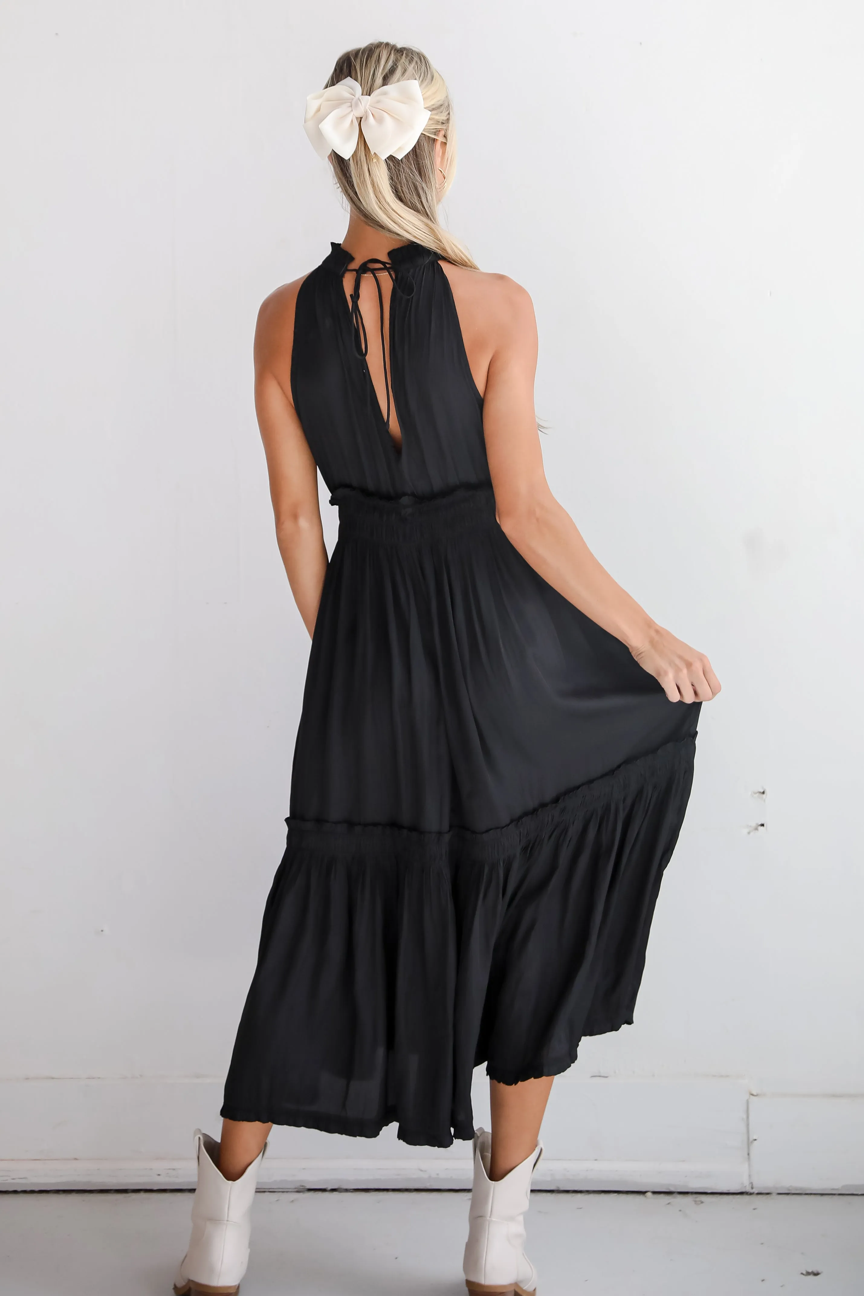 FINAL SALE - Lovely Intuition Black Satin Midi Dress