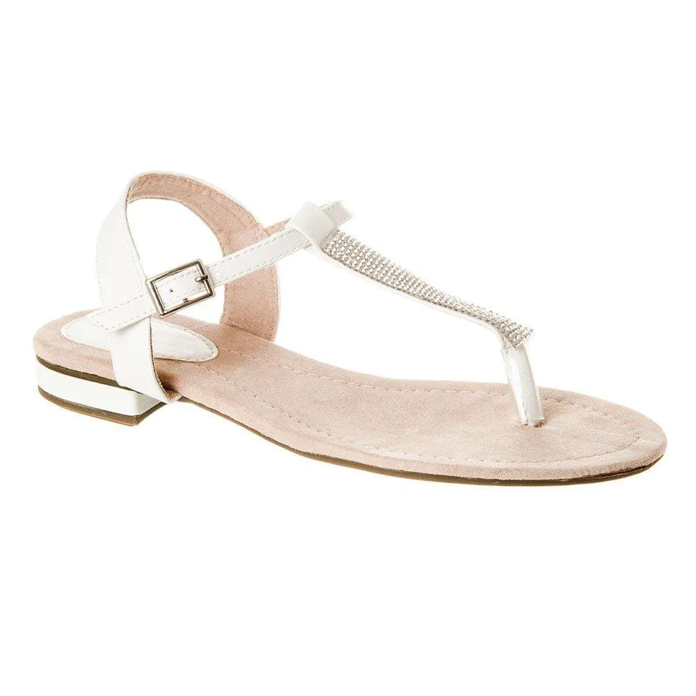 Flat Block Heel Diamante T-Bar Toe-Post Sandal