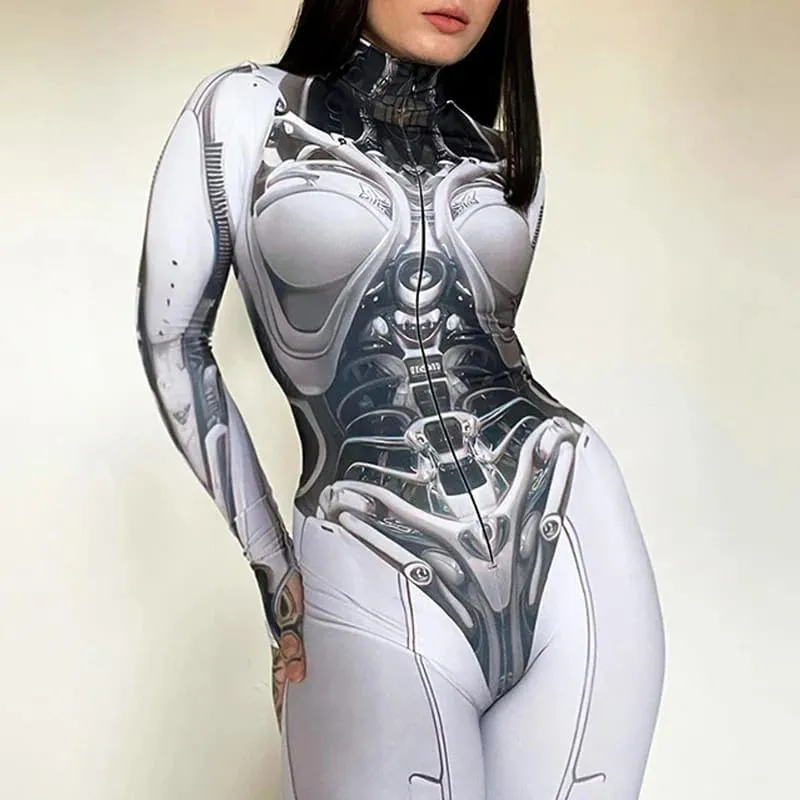 Futuristic Goth Punk 3d Printed Cosplay Bodycon Jumpsuit