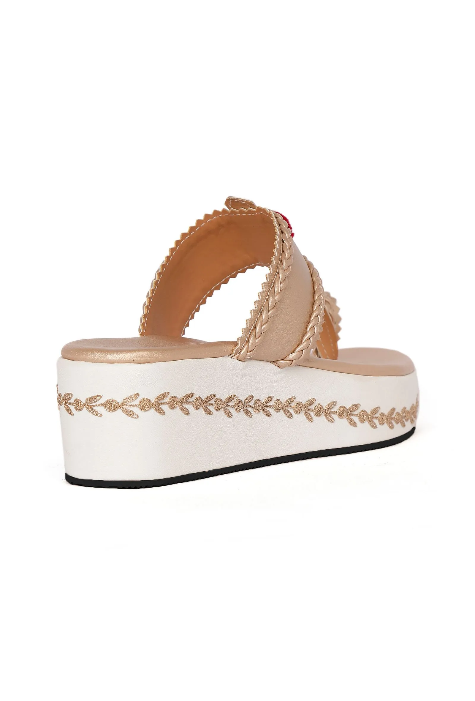 Gold and White Hand Embroidered Kolhapuri Inspired  Wedges