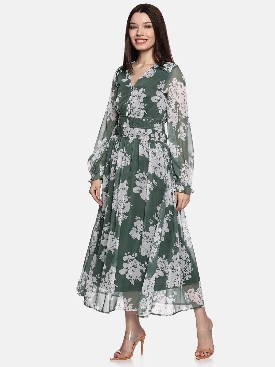 IS.U Floral Green Blouson Sleeve Maxi Dress