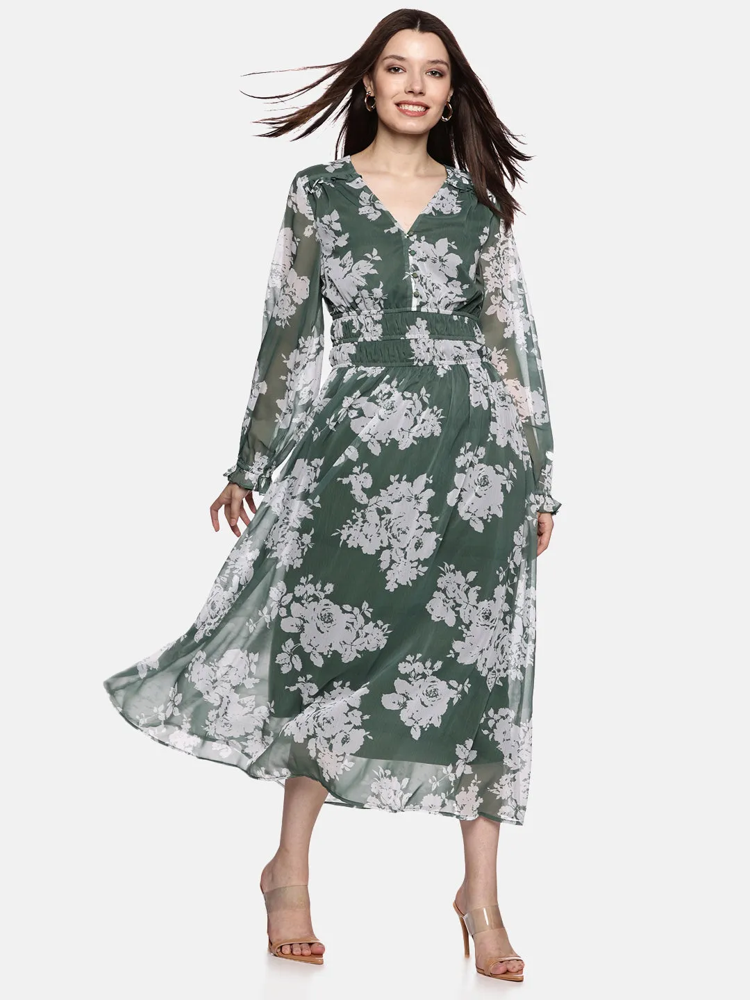 IS.U Floral Green Blouson Sleeve Maxi Dress