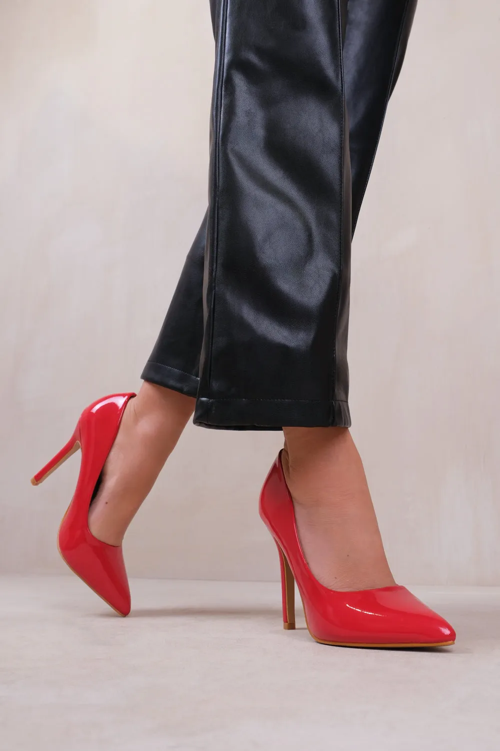 KYRA HIGH HEEL STILETTO PUMPS IN ROUGE RED PATENT FAUX LEATHER