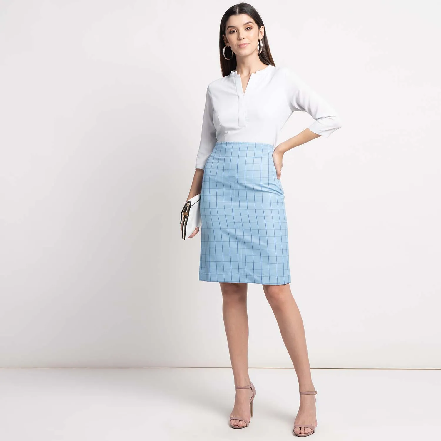 Light Blue Check Straight Comfortable Cotton Work Skirt