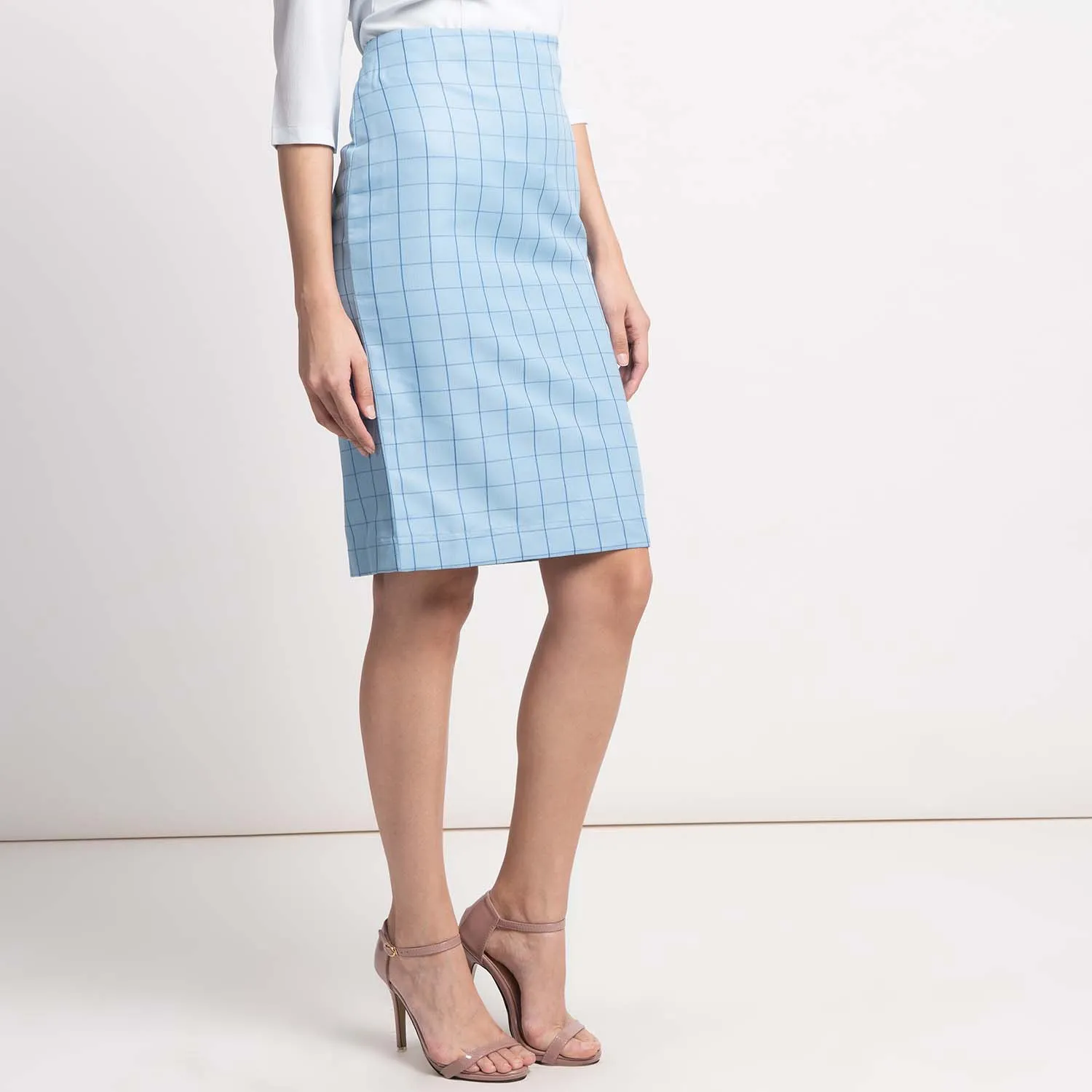 Light Blue Check Straight Comfortable Cotton Work Skirt