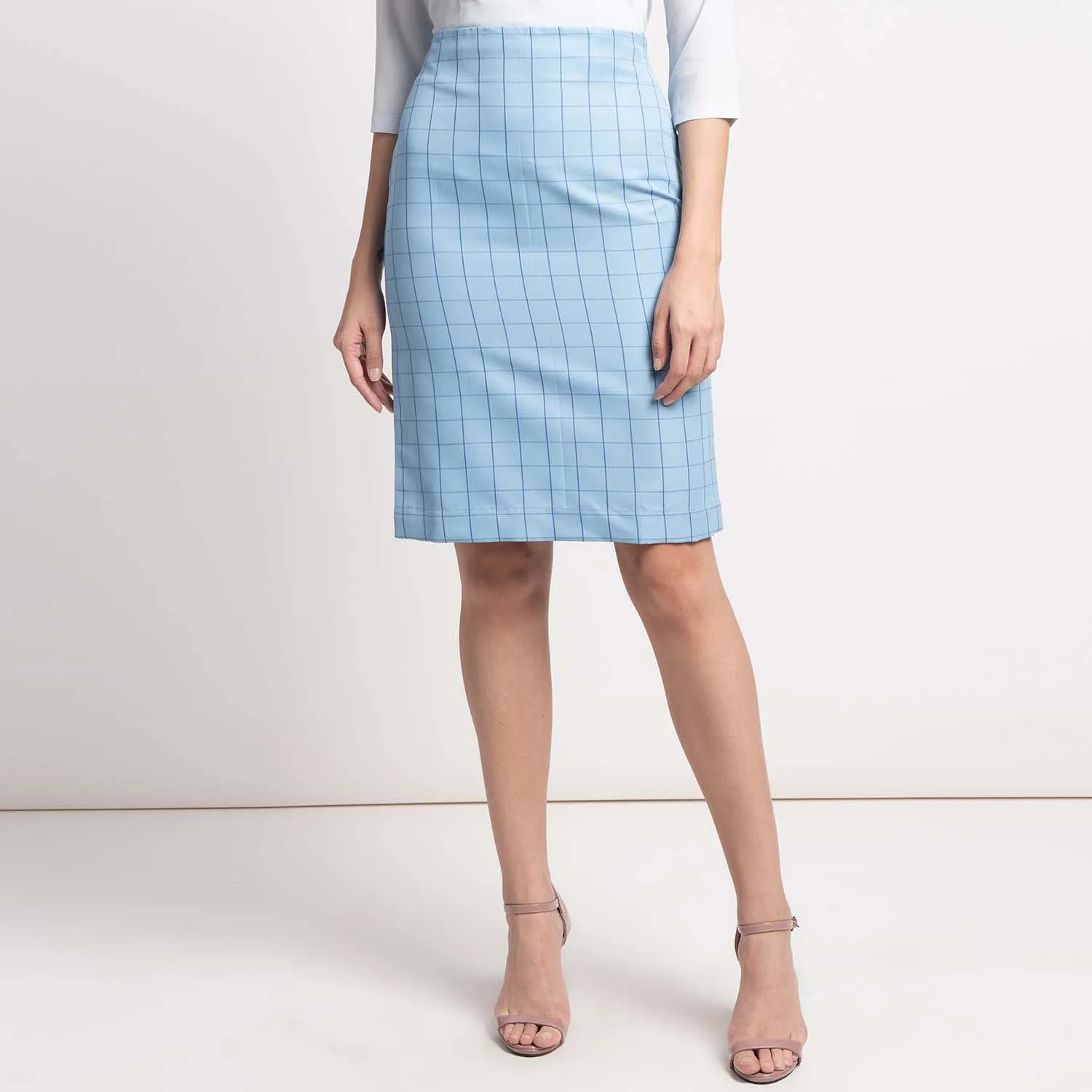 Light Blue Check Straight Comfortable Cotton Work Skirt