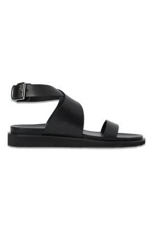 Londoner Leather Cross Strap Footbed Sandals, Black