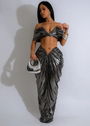 Lunar Luster Metallic Ruched Skirt Set Silver