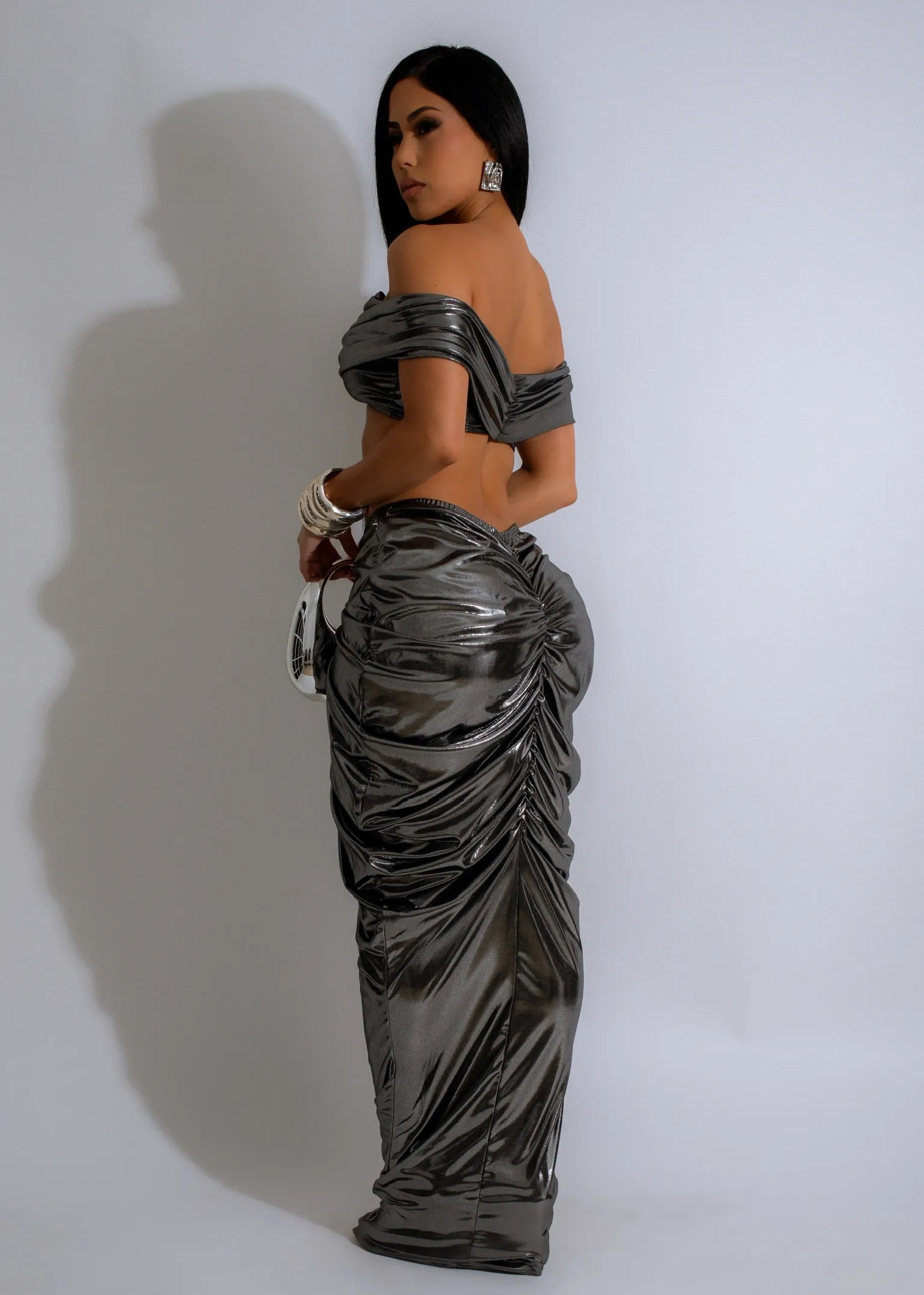 Lunar Luster Metallic Ruched Skirt Set Silver