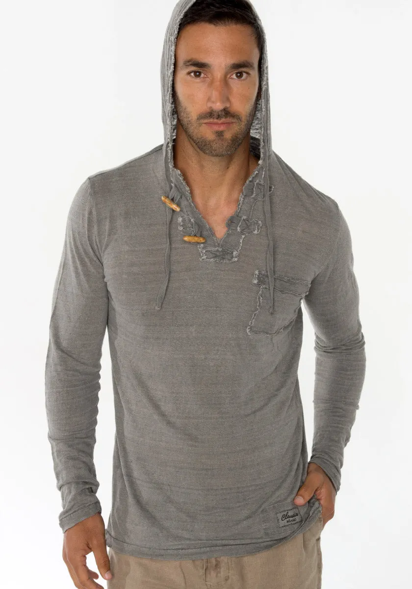 Men's Linen Jersey Long Sleeve Hoodie Shirt | Italian Style with Pocket and Wooden Fasteners, Item #1133