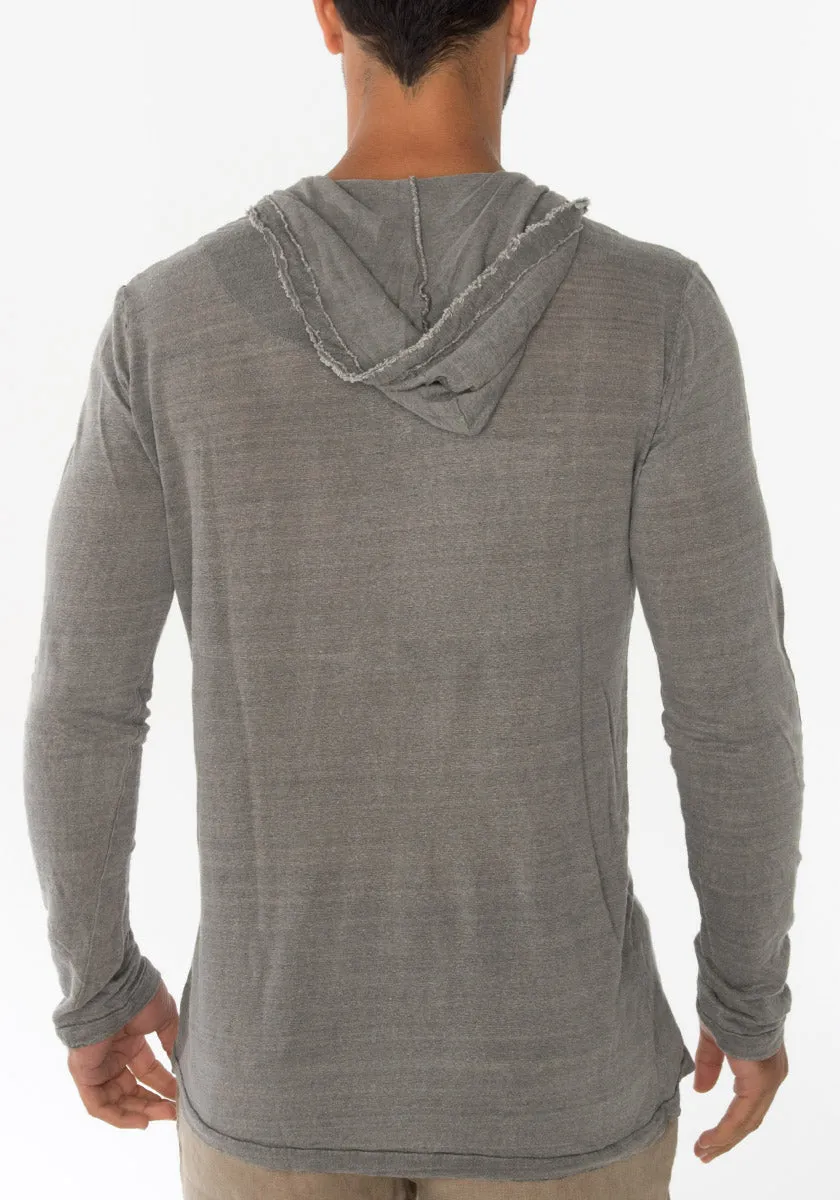 Men's Linen Jersey Long Sleeve Hoodie Shirt | Italian Style with Pocket and Wooden Fasteners, Item #1133