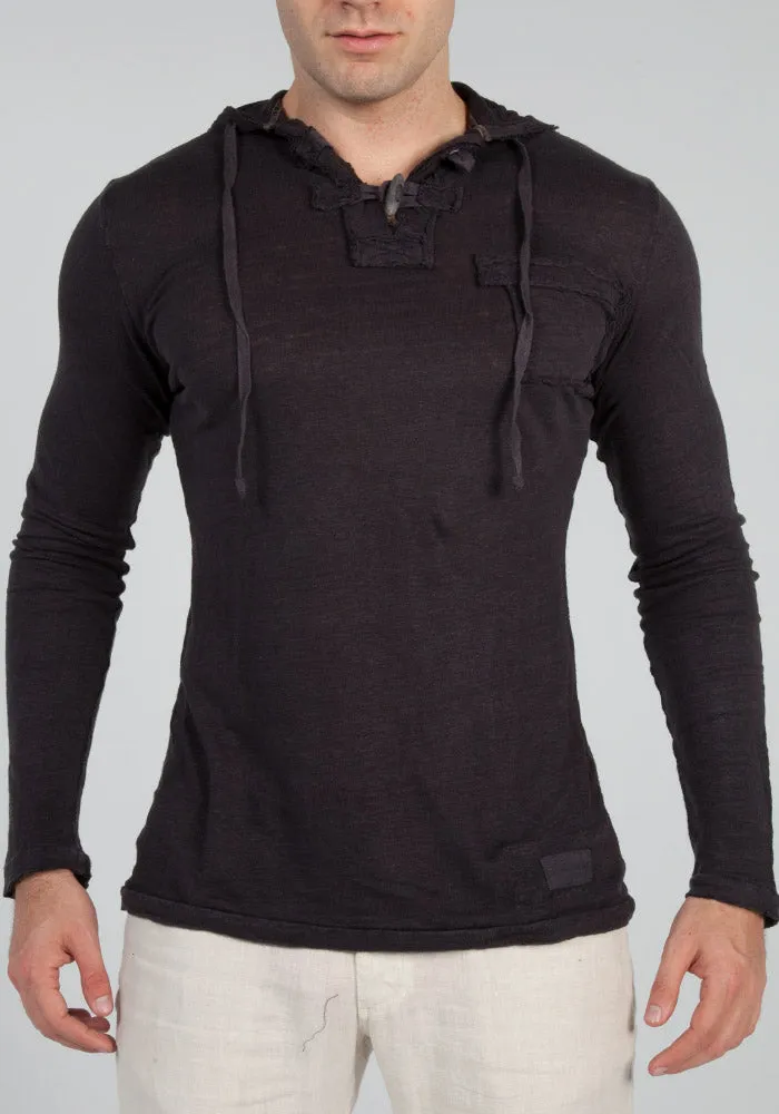 Men's Linen Jersey Long Sleeve Hoodie Shirt | Italian Style with Pocket and Wooden Fasteners, Item #1133