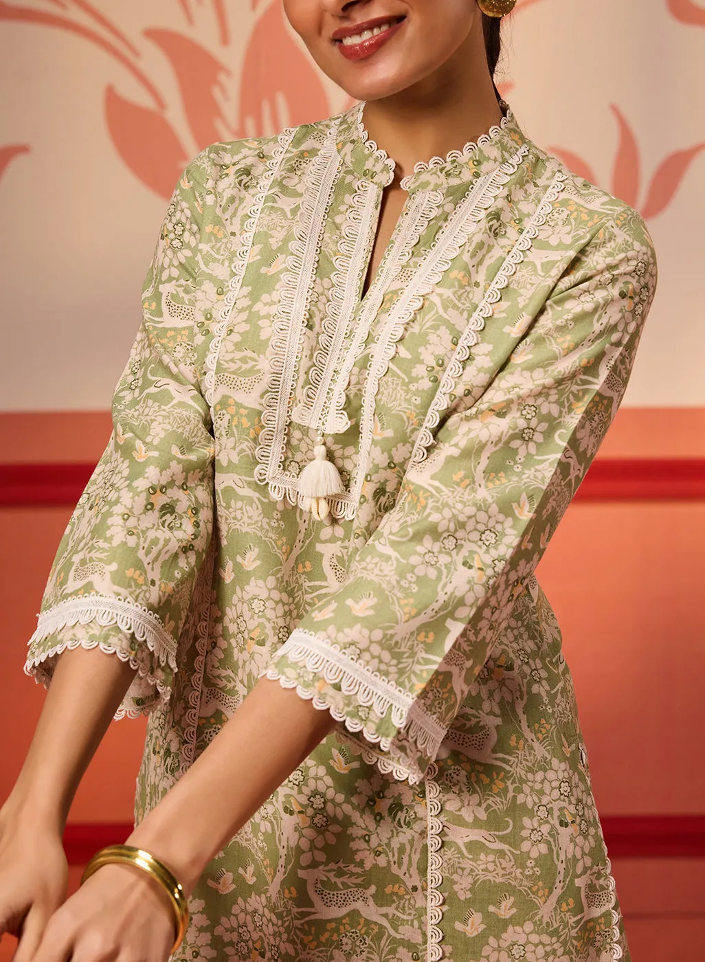 Misbah Basil Green Printed Cotton Linen Kurta Set for Women