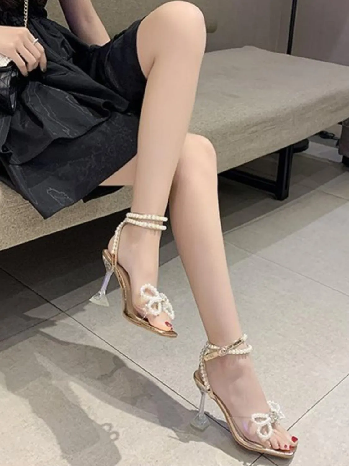 Pearl Bowknot Decor High Heel Sandals