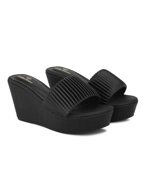 pelle albero Women's Latest Trendy Black PU upper Slip-On Heels Wedge Sandals