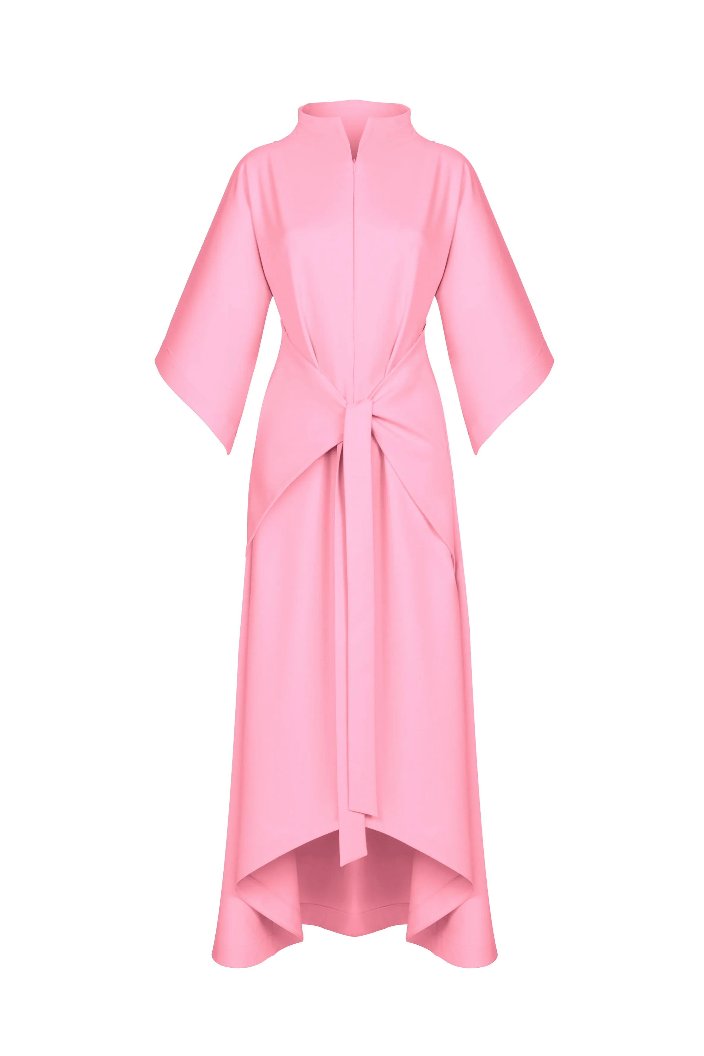 Pink Kimono Sleeve High Neck Asymmetrical Belted Futuristic Maxi Dress